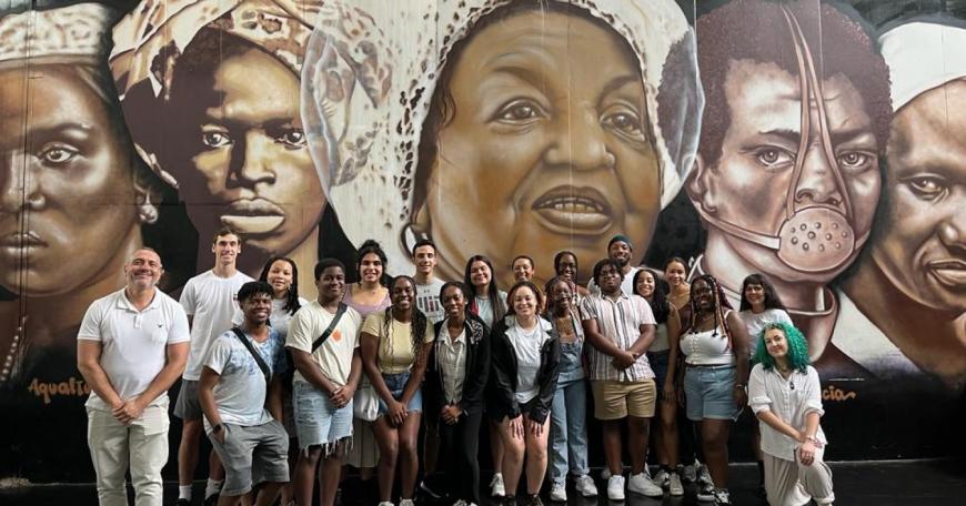 The 2023 cohort of Race, Place, and Modernity in the Americas with Joaquin Terrones (left) poses at the Jabaquara Black Cultural Center. Started in 2019, the ongoing program has seen numerous benefits for students and faculty alike.