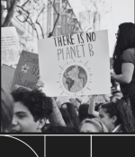 MIT Horizon graphic with headshot photos of Benjamin Rachlin and Laur Hesse Fisher, plus a candid photo of a people holding up signs at a climate march. One sign says "There is no planet B" with a drawing of the globe.
