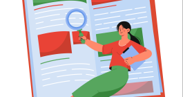 An illustration of a woman holding a magnifying glass and looking at an opened book.
