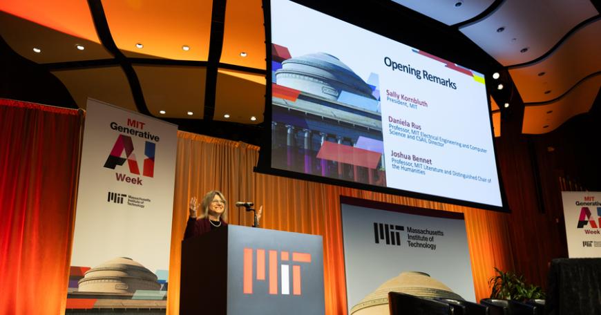 MIT President Sally Kornbluth speaks on a stage.