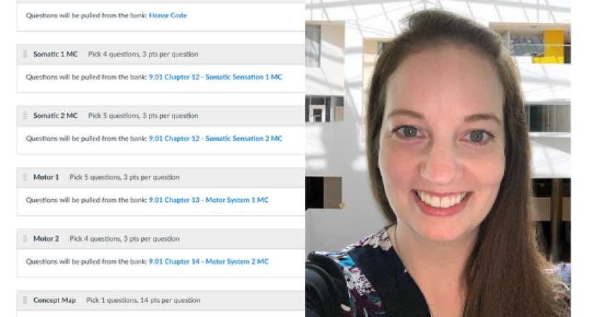 Left side showing the question bank feature of Canvas LMS; right side showing headshot of Laura Frawley